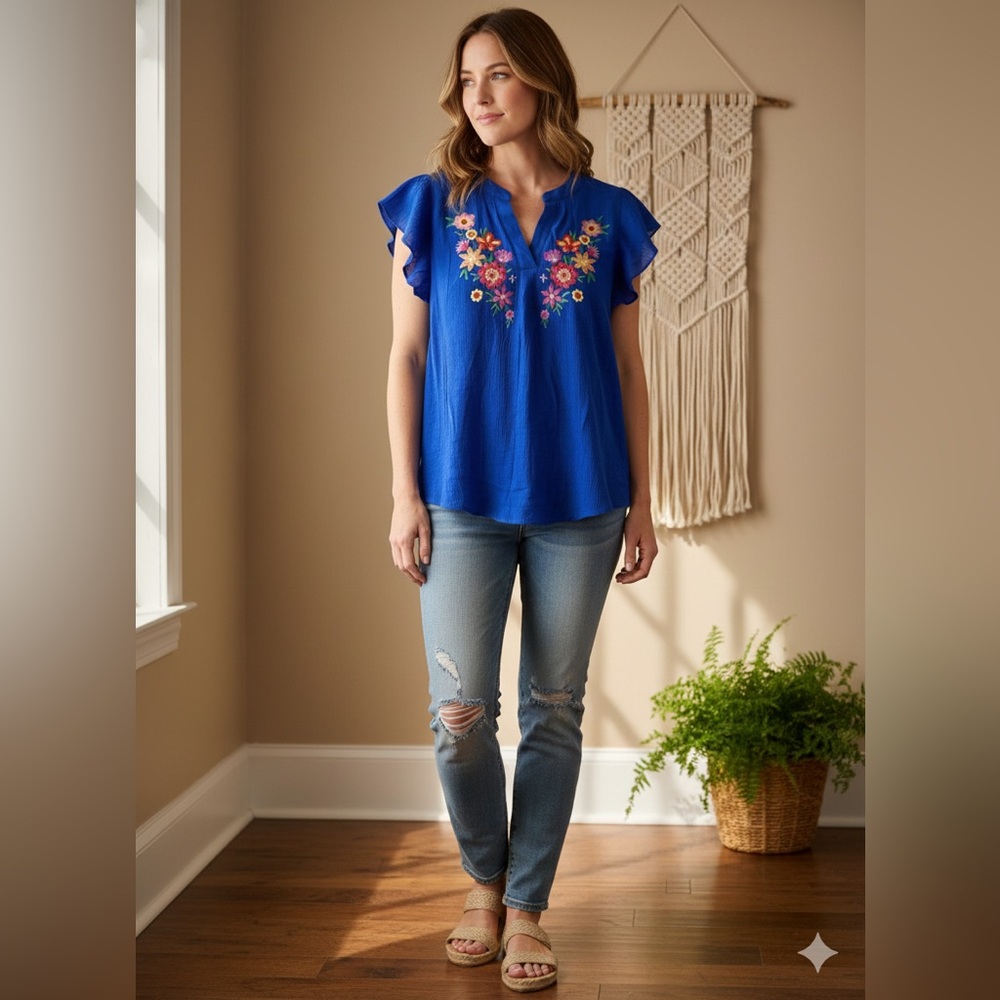 Blu Pepper Flutter Sleeve Embroidered Blouse – Size Large Boho Revival